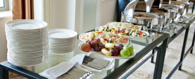Table with catered breakfast for a gathering